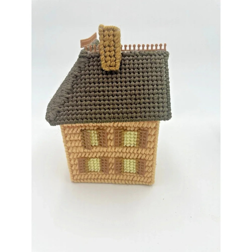 Vtg 70s Handmade Yarn Needlepoint Completed‎ 2 Cottage Houses Plastic Canvas